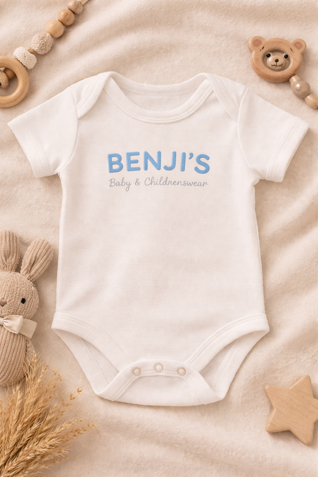 BENJI’S Baby White Cotton Onesie – Soft Blue Embroidered Logo