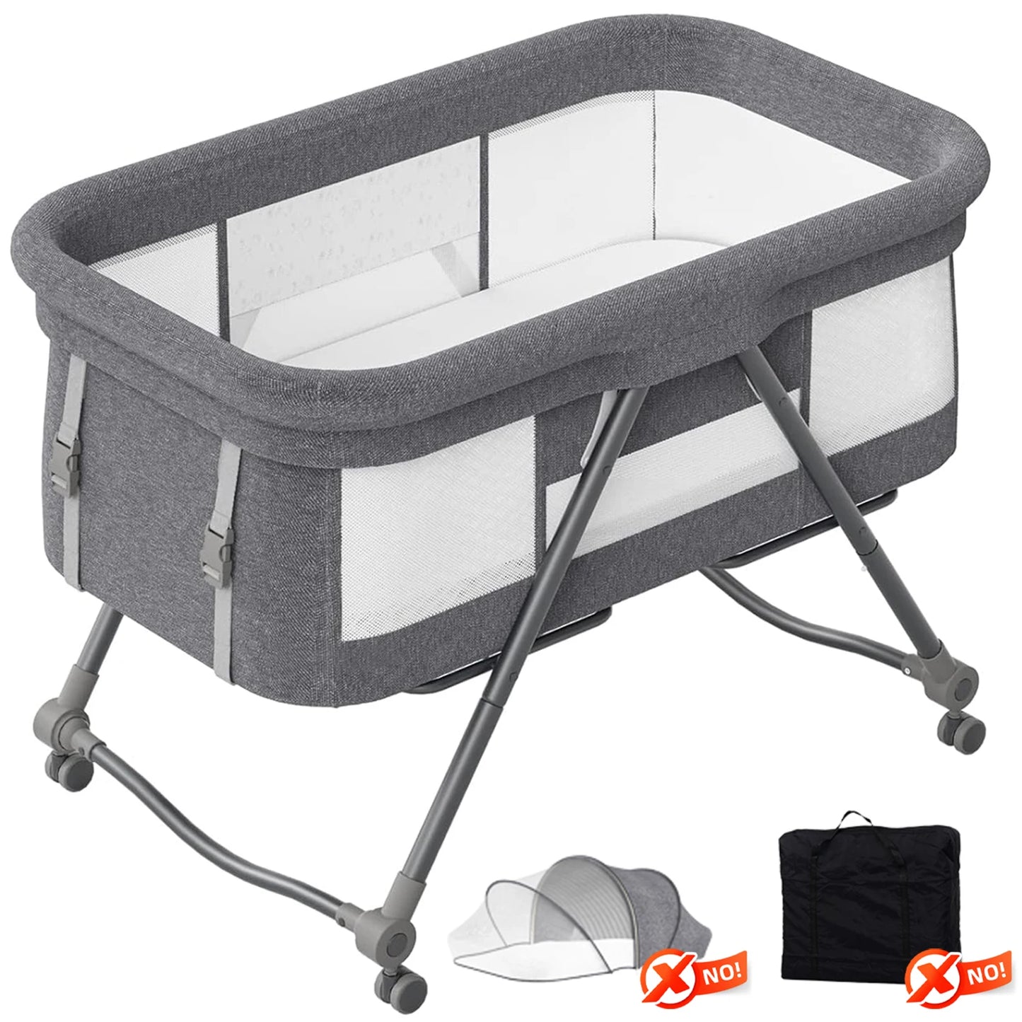 Baby Grab-and-Go Travel Cot with Mattress & Silent Wheels – Rocking Convertible Crib XYT-001