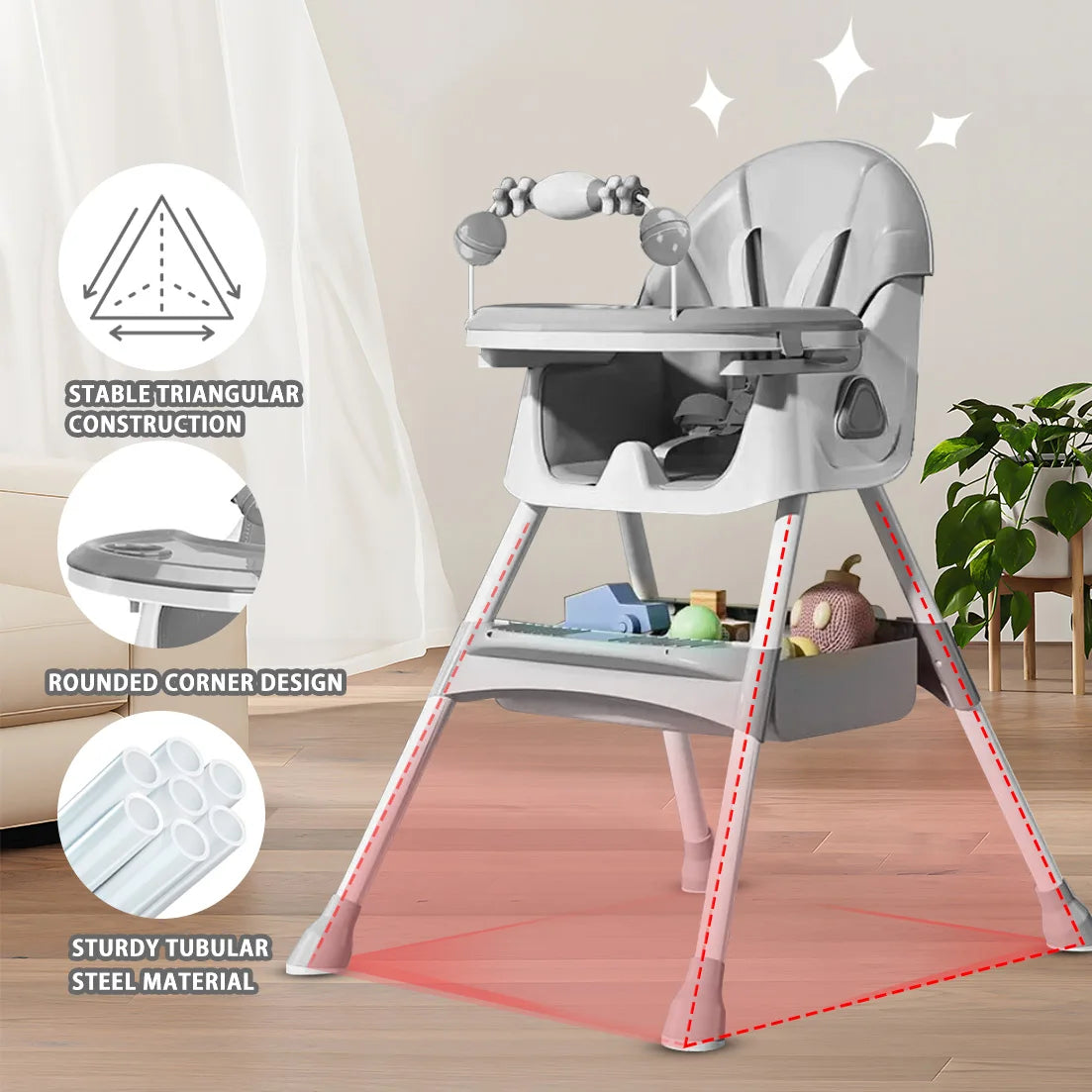 Foldable Baby High Chair with Anti-Slip Pad & Toy Rack – Easy Clean Feeding Chair 6+ Months