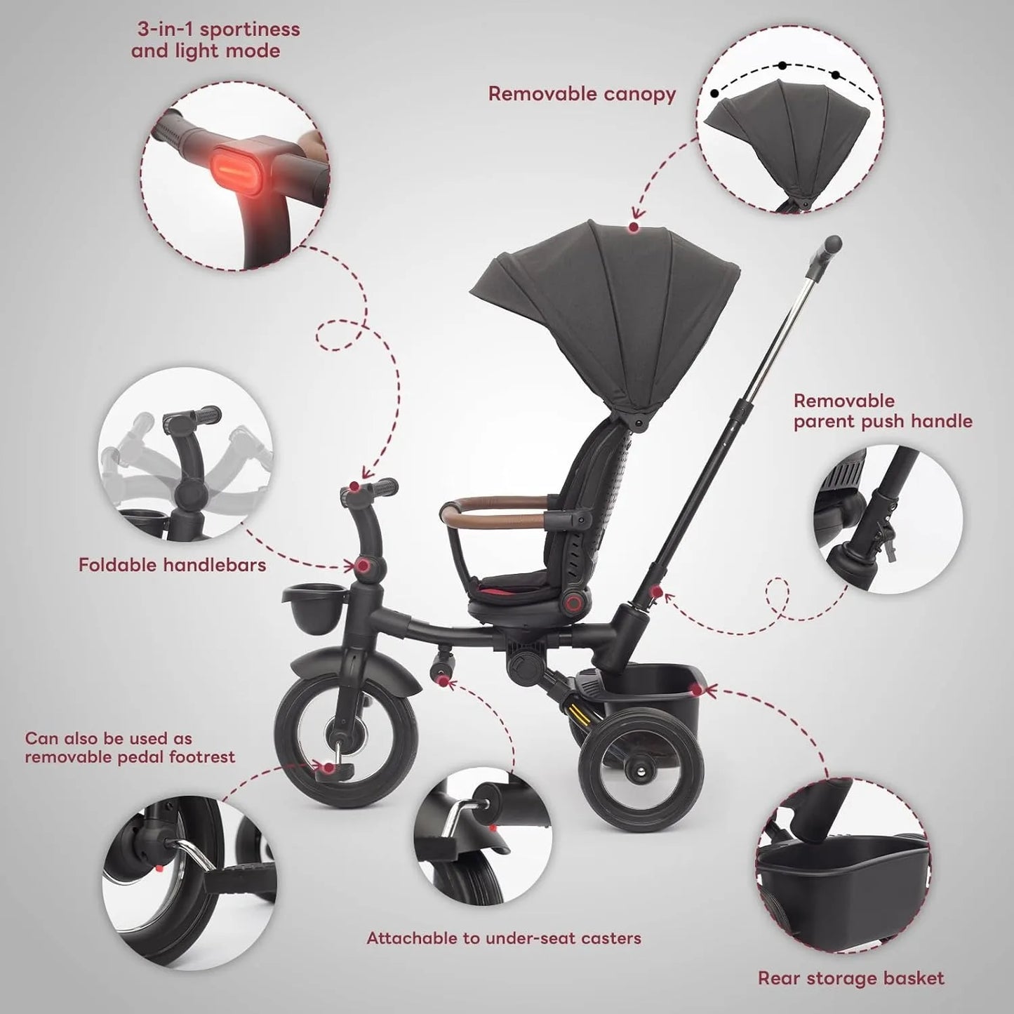 7-in-1 Foldable Baby Tricycle with Canopy & Headlights – Kids Trike 6 Months to 5 Years