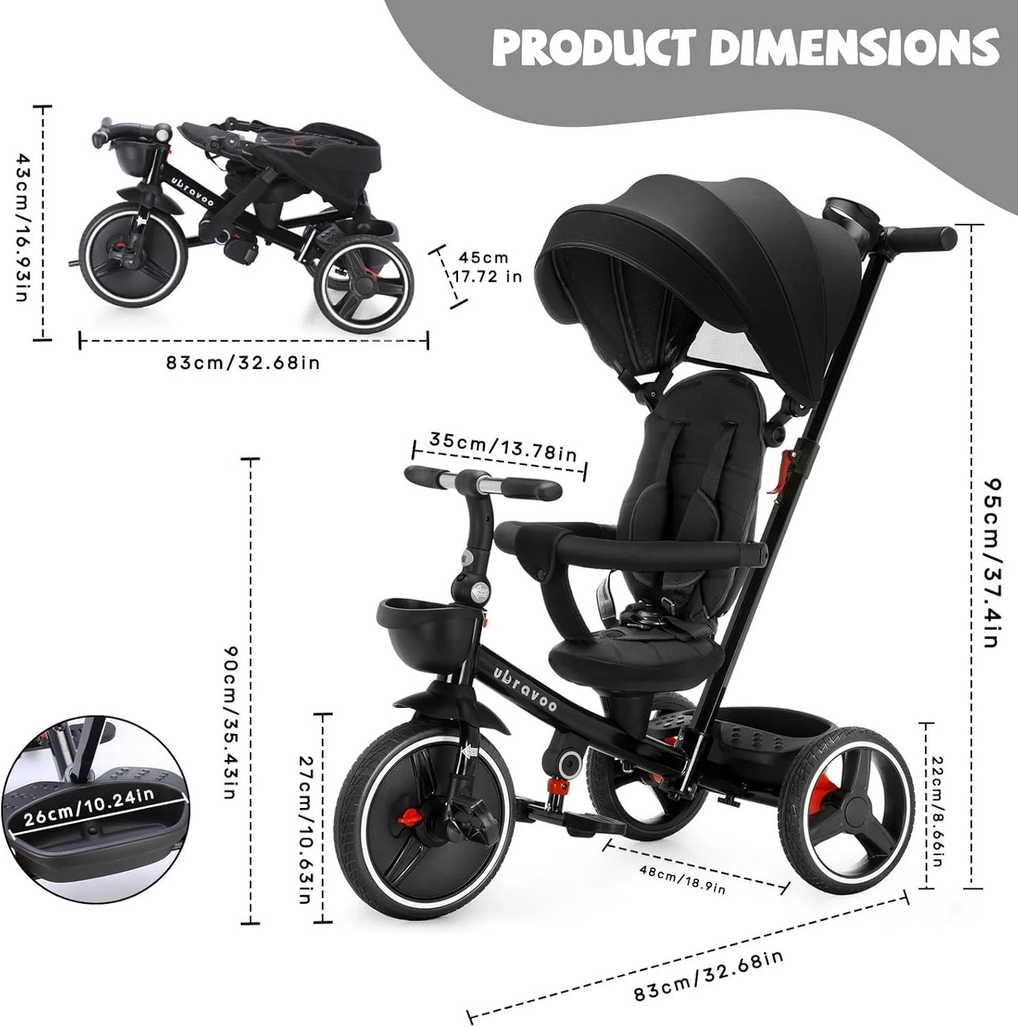 Ubravoo 5-in-1 Baby Stroller Tricycle Ride-On Bike with Adjustable Canopy – Convertible Trike for Kids 1-5 Years