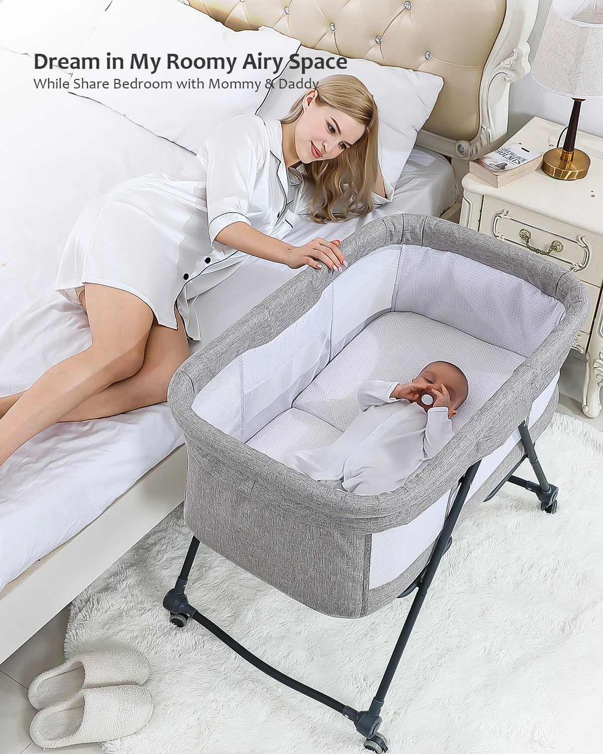 Baby Grab-and-Go Travel Cot with Mattress & Silent Wheels – Rocking Convertible Crib XYT-001