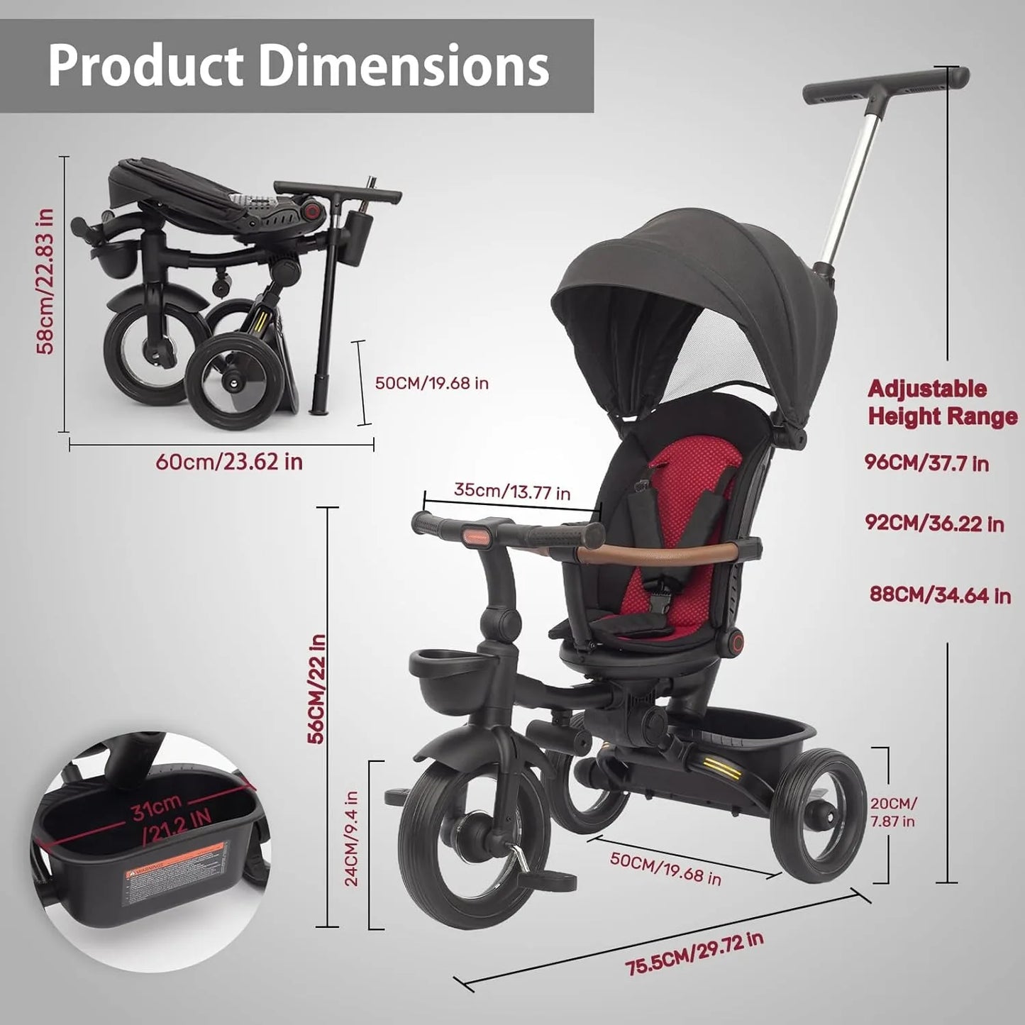 7-in-1 Foldable Baby Tricycle with Canopy & Headlights – Kids Trike 6 Months to 5 Years