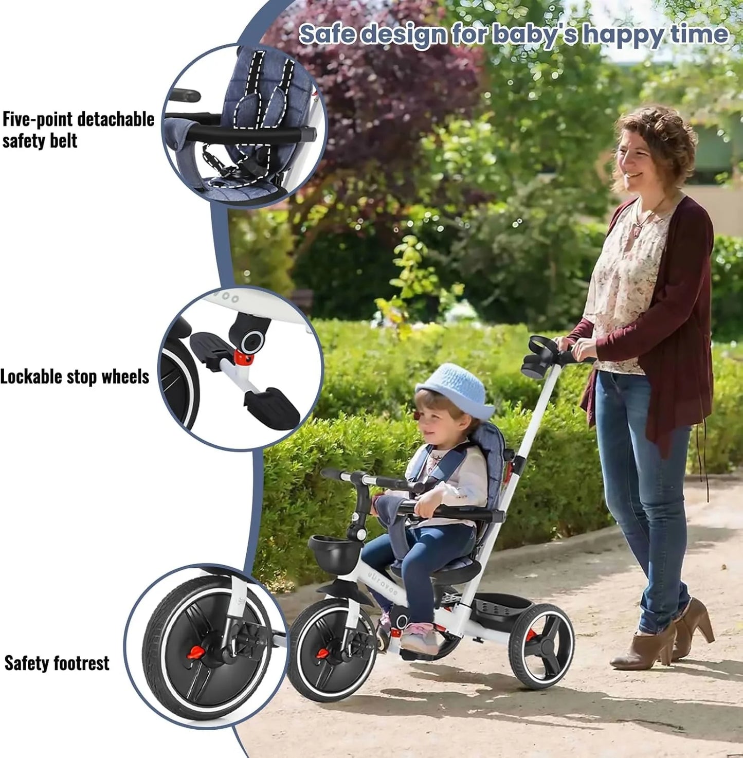 Ubravoo 5-in-1 Baby Stroller Tricycle Ride-On Bike with Adjustable Canopy – Convertible Trike for Kids 1-5 Years
