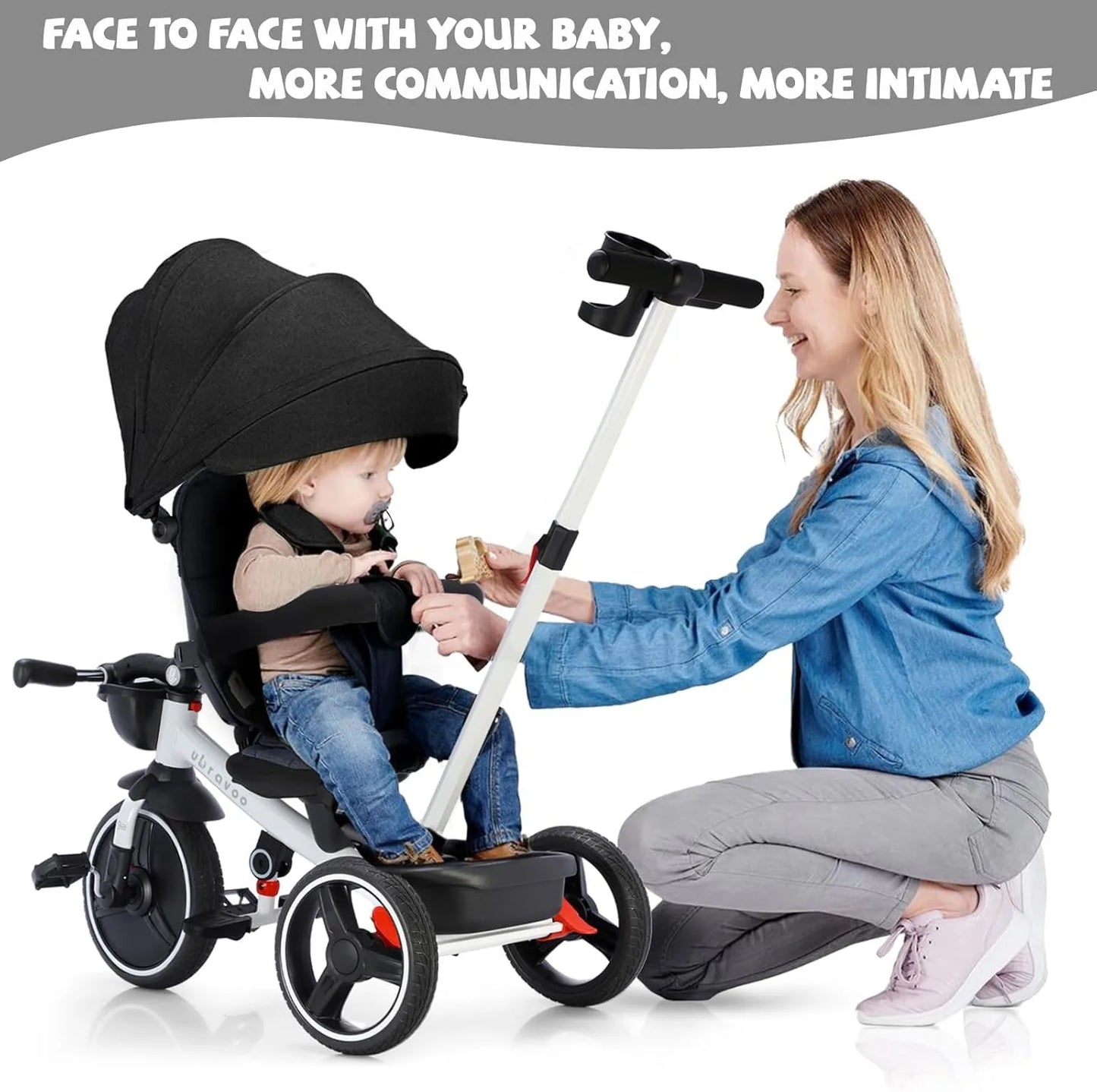 Ubravoo 5-in-1 Baby Stroller Tricycle Ride-On Bike with Adjustable Canopy – Convertible Trike for Kids 1-5 Years