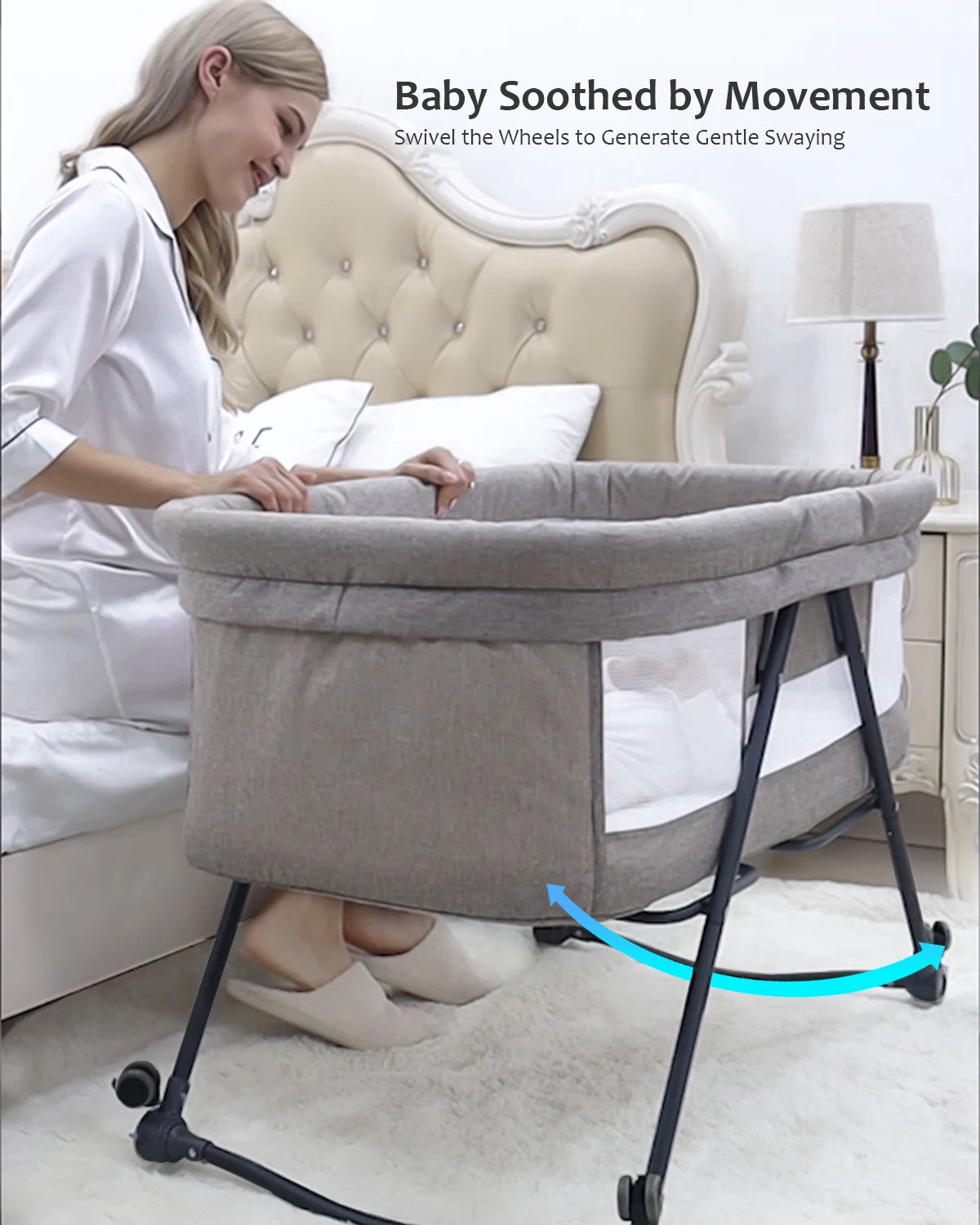 Baby Grab-and-Go Travel Cot with Mattress & Silent Wheels – Rocking Convertible Crib XYT-001