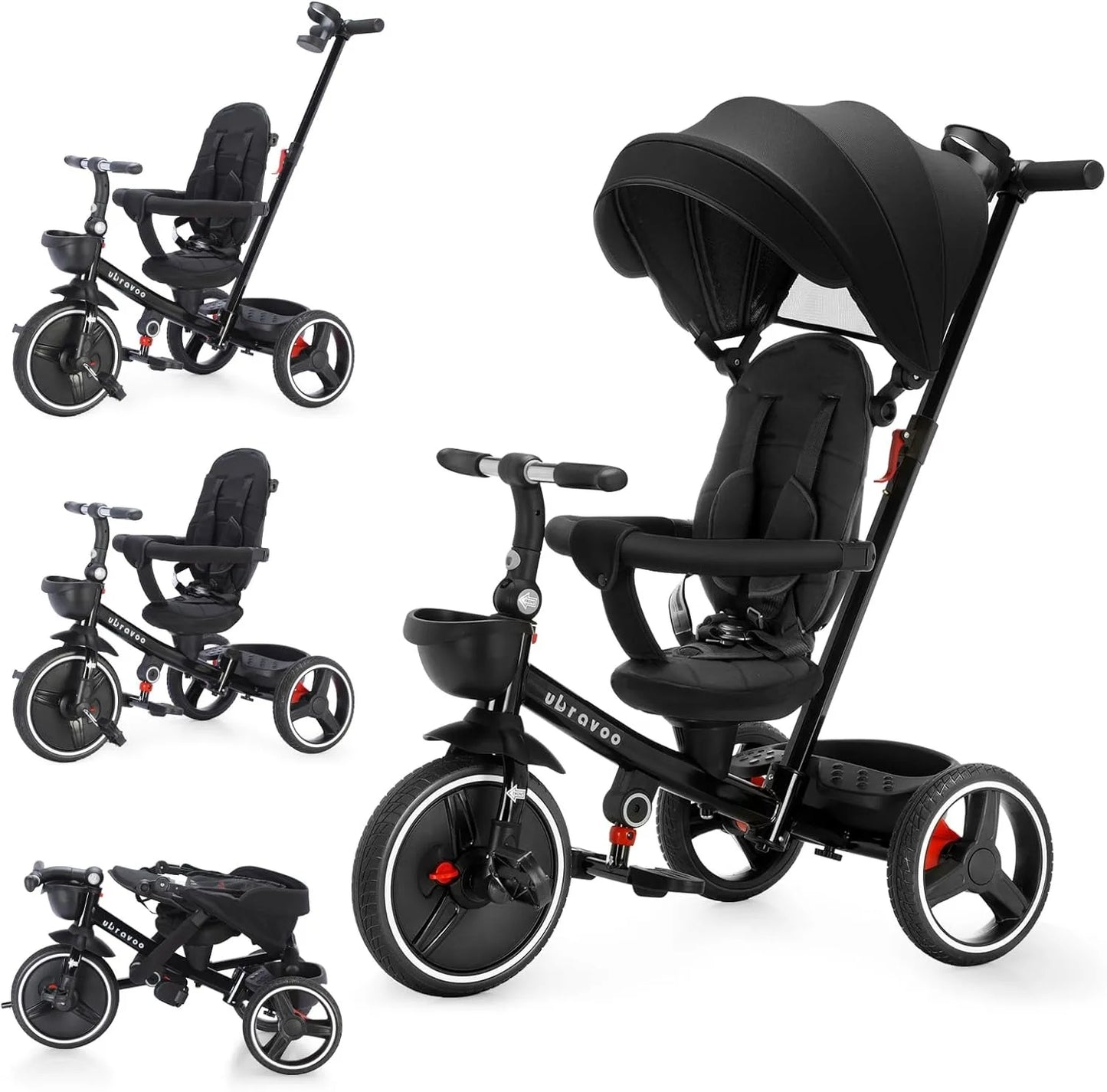Ubravoo 5-in-1 Baby Stroller Tricycle Ride-On Bike with Adjustable Canopy – Convertible Trike for Kids 1-5 Years