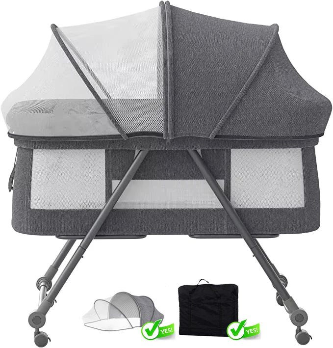 Baby Grab-and-Go Travel Cot with Mattress & Silent Wheels – Rocking Convertible Crib XYT-001