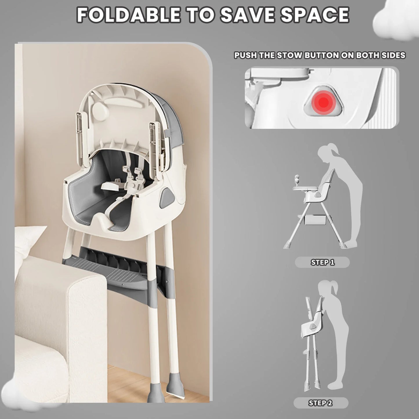 Foldable Baby High Chair with Anti-Slip Pad & Toy Rack – Easy Clean Feeding Chair 6+ Months