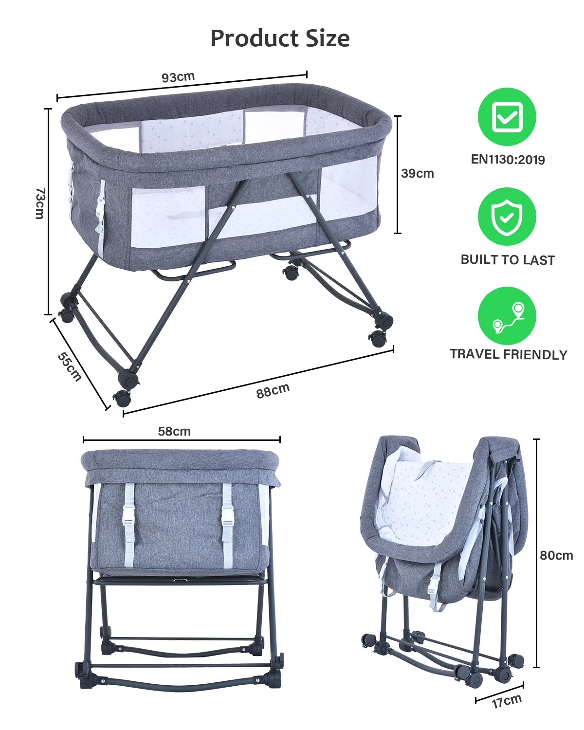 Baby Grab-and-Go Travel Cot with Mattress & Silent Wheels – Rocking Convertible Crib XYT-001